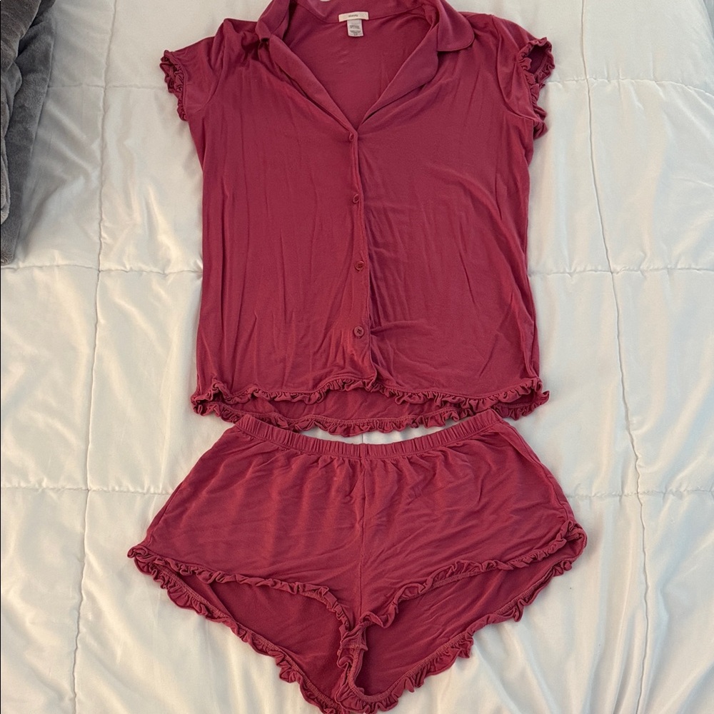 Eberjey Ruffled Pajama Set in Deep Pink